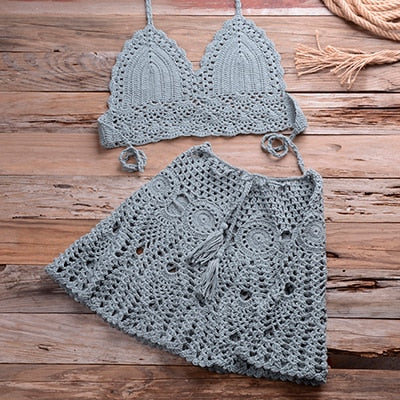 Two-piece Crochet Women Bikini Set Cover Up Swimsuit Swim Skirt