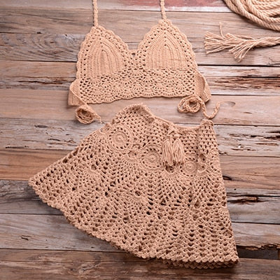 Two-piece Crochet Women Bikini Set Cover Up Swimsuit Swim Skirt