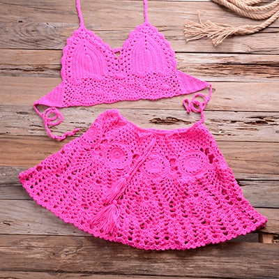 Two-piece Crochet Women Bikini Set Cover Up Swimsuit Swim Skirt