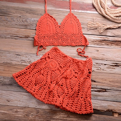 Two-piece Crochet Women Bikini Set Cover Up Swimsuit Swim Skirt