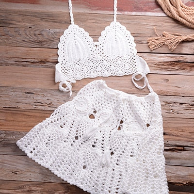 Two-piece Crochet Women Bikini Set Cover Up Swimsuit Swim Skirt