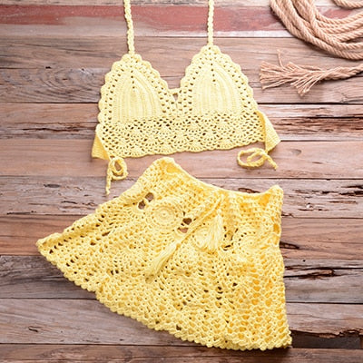 Two-piece Crochet Women Bikini Set Cover Up Swimsuit Swim Skirt