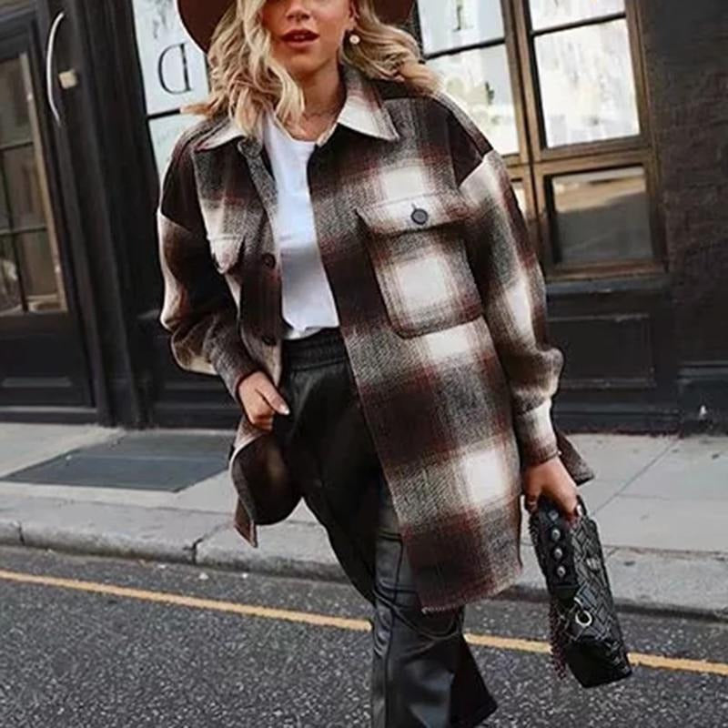  Womens Plaid Shirt jackets  ladies thick plaid coat female streetwear elegant ladies oversize jacket chic