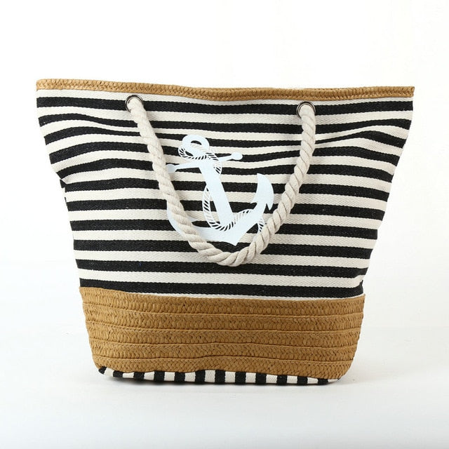 Large Capacity Bag Summer Anchor Stripes Printing Canvas Tote Bag