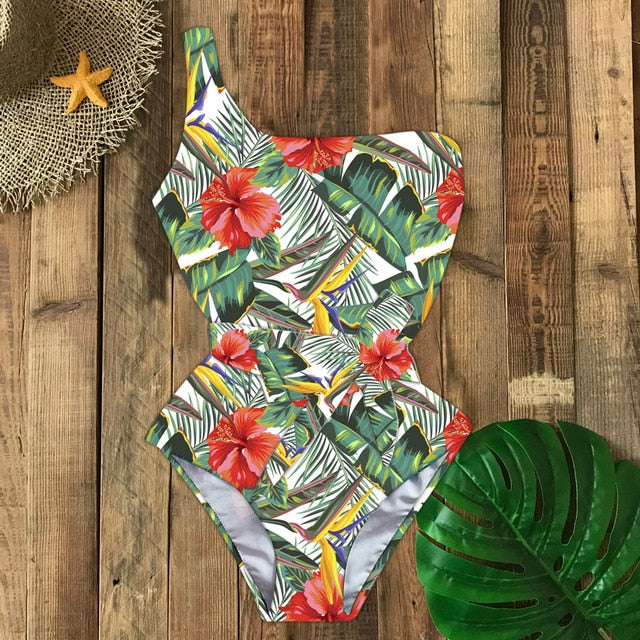 Hot sale monokini with waist tie antique flower pattern swimsuits