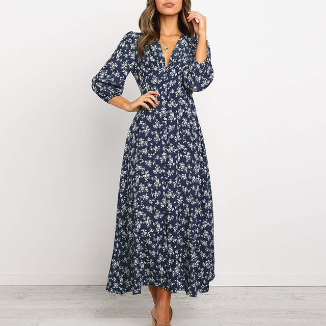 Women Chiffon Long Dress Floral Print Lantern Sleeve A-line Maxi Vestidos Autumn New Elegant Vintage V Neck Winter Dresses