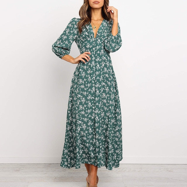 Women Chiffon Long Dress Floral Print Lantern Sleeve A-line Maxi Vestidos Autumn New Elegant Vintage V Neck Winter Dresses