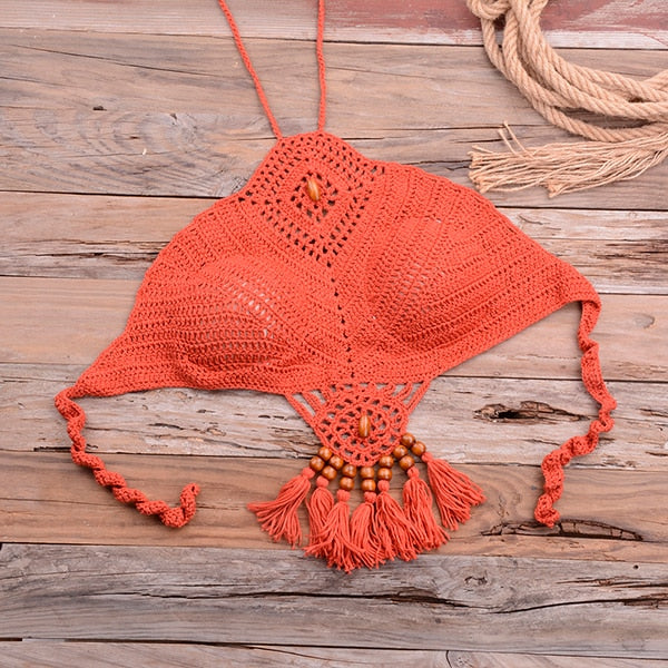 AshoreShop Womens Knitted Crochet Halter and Beaded Brazil Bikini