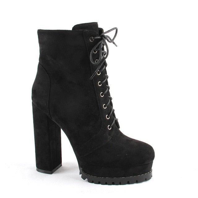 ASHORESHOP New Ankle Boots High Heels Faux Suede Platform Feminine Shoes