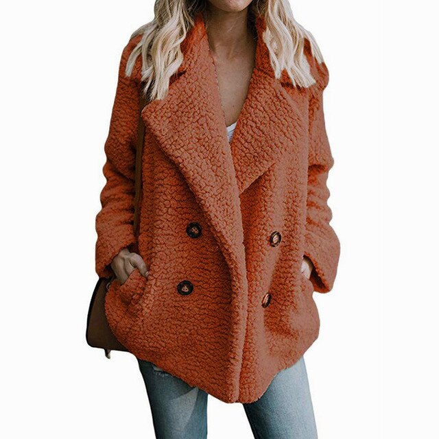 Woman Lapel Faux Lambswool Coats Warm Female Winter Outerwear 5XL