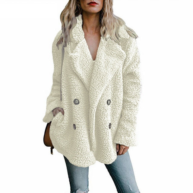 Woman Lapel Faux Lambswool Coats Warm Female Winter Outerwear 5XL