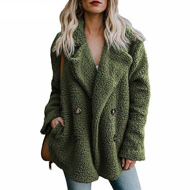 Woman Lapel Faux Lambswool Coats Warm Female Winter Outerwear 5XL