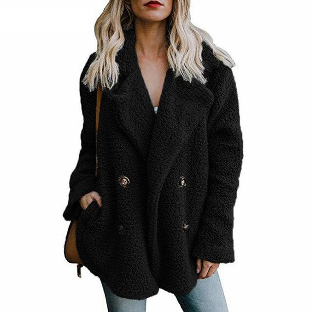 Woman Lapel Faux Lambswool Coats Warm Female Winter Outerwear 5XL