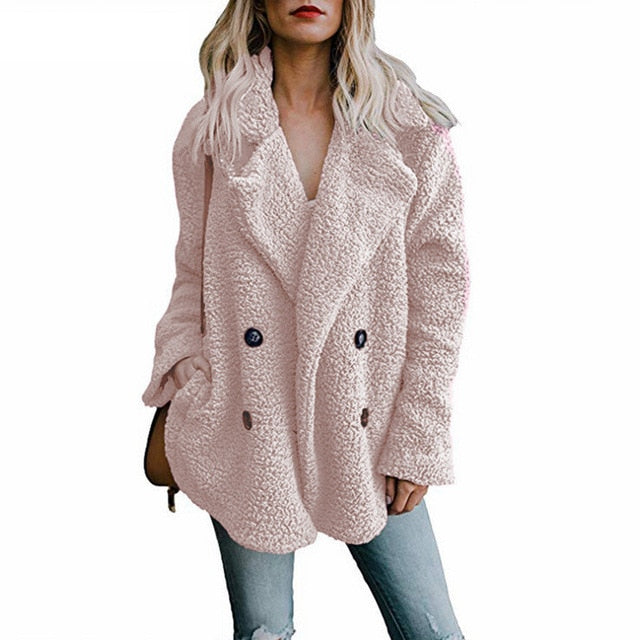 Woman Lapel Faux Lambswool Coats Warm Female Winter Outerwear 5XL