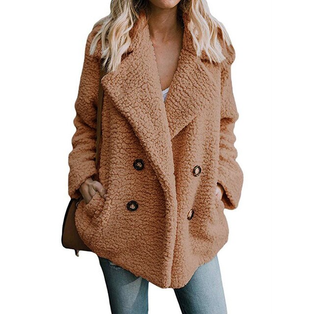 Woman Lapel Faux Lambswool Coats Warm Female Winter Outerwear 5XL