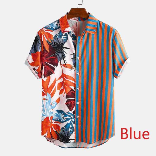 Men Ethnic Printed Shirts Short Sleeve Lapel Patchwork Shirt Casual Loose Soft Camisas Summer Hawaiian Holiday Blusas Plus Size