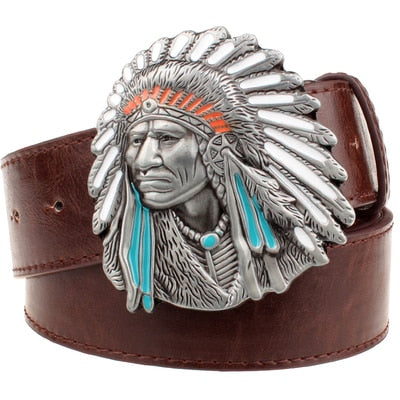 Fashion men belt indian head buckle west cowboy belt for men punk rock belts