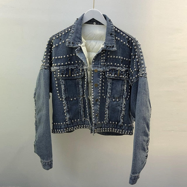 Real Fox Fur and Down 2020 Hand Studded Rivet Denim Jacket