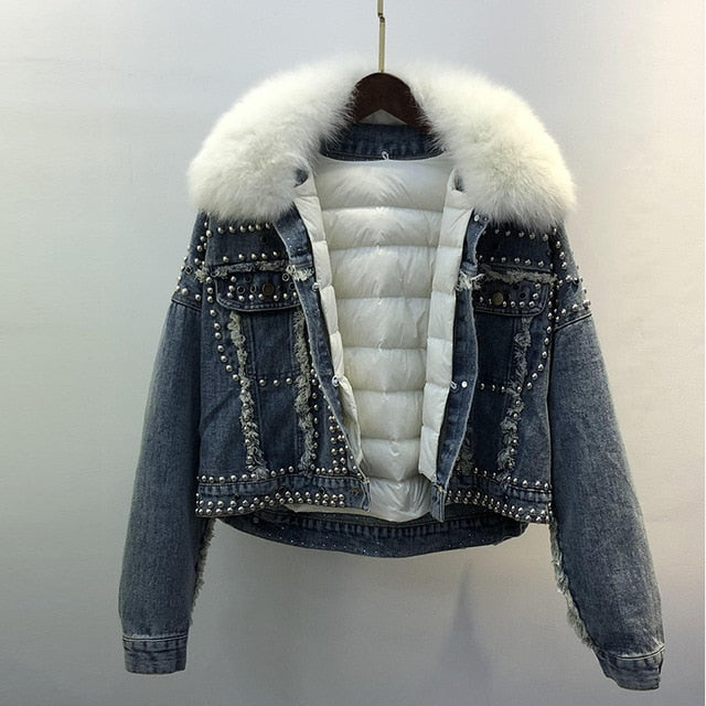 Real Fox Fur and Down 2020 Hand Studded Rivet Denim Jacket Detachable Fur and Ripped Jeans