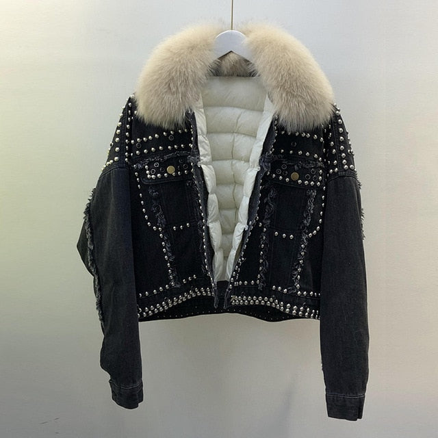 Real Fox Fur and Down 2020 Hand Studded Rivet Denim Jacket Detachable Fur and Ripped Jeans