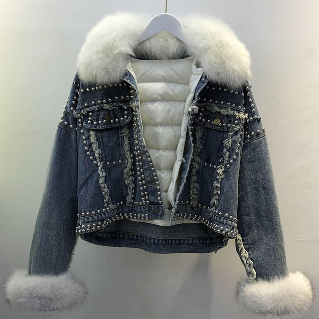 Real Fox Fur and Down 2020 Hand Studded Rivet Denim Jacket Detachable Fur and Ripped Jeans