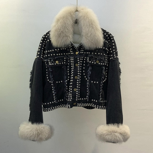 Real Fox Fur and Down 2020 Hand Studded Rivet Denim Jacket Detachable Fur and Ripped Jeans