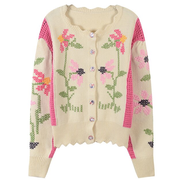 Ashoreshop long sleeve pink floral embroidery Crochet sweaters women outerwear