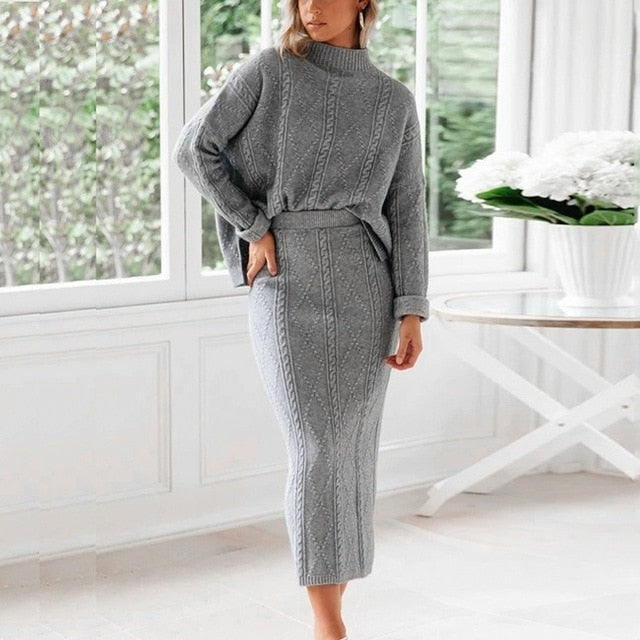 Ashoreshop Gray Two Piece Set Turtleneck Pullovers And Long Skirt