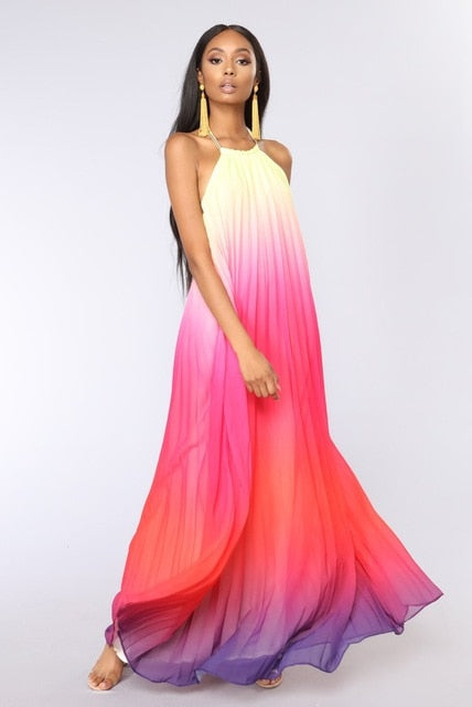 Ashoreshop Summer Comfortable Aline Pleated Maxi Ombre Print Dresses Halter Style Sun Dress