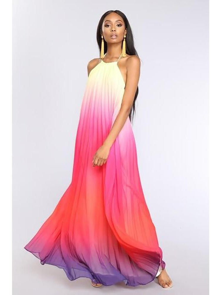 Ashoreshop Summer Comfortable Aline Pleated Maxi Ombre Print Dresses Halter Style Sun Dress