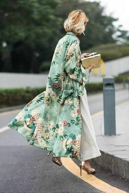 Ashoreshop green floral print satin kimono kaftan women vacation cover up vintage long sleeve autumn robe vestidos boho beach blouses