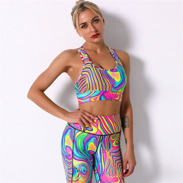 Women Digital Wave Printed Colorful Leggings  Print Running Yoga Suits