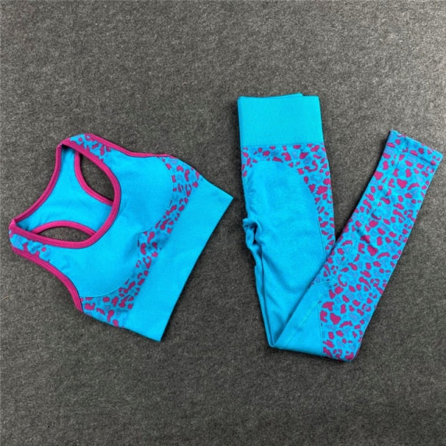 Seamless Yoga Set Fitness Clothing Leopard Print High Elastic Teal Sportswear