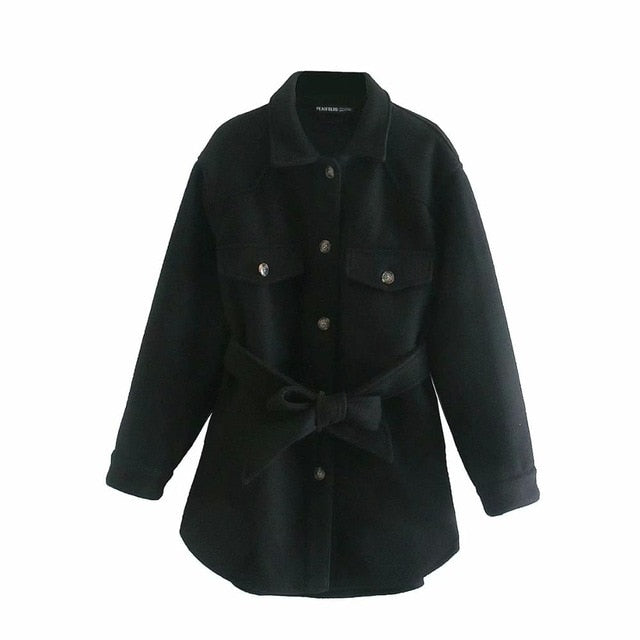 Ashoreshop Women Woolen shirt Jackets Belt Loose Jacket Coat