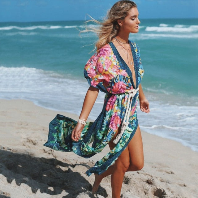 Ashoreshop green floral print satin kimono kaftan women vacation cover up