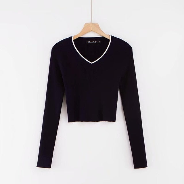 Long Sleeve Polo Shirts Knitted Sllim Blouse