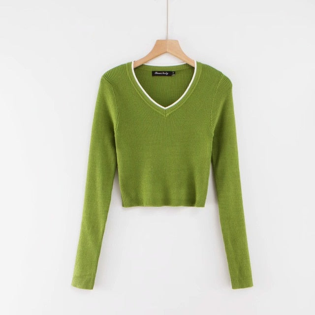 Long Sleeve Polo Shirts Knitted Sllim Blouse