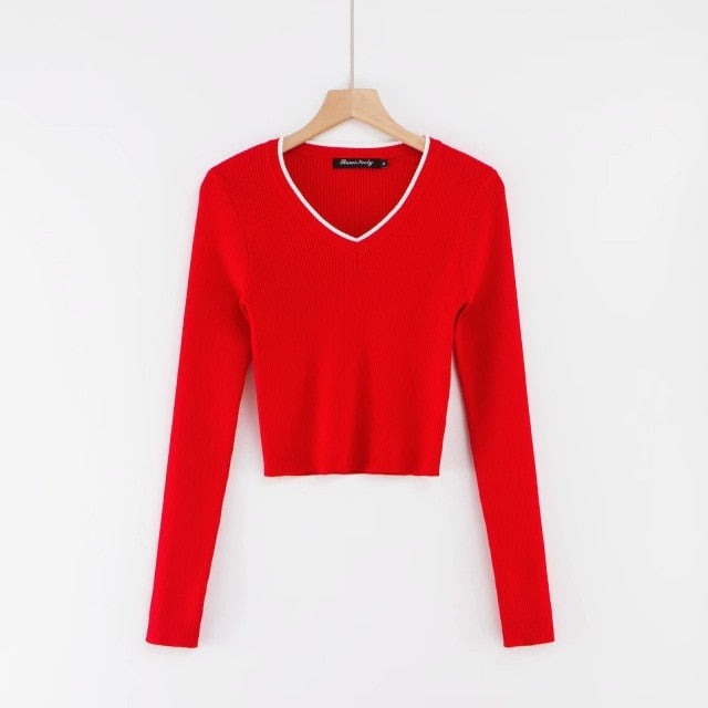 Long Sleeve Polo Shirts Knitted Sllim Blouse