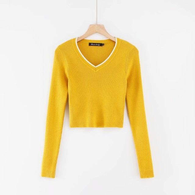 Long Sleeve Polo Shirts Knitted Sllim Blouse