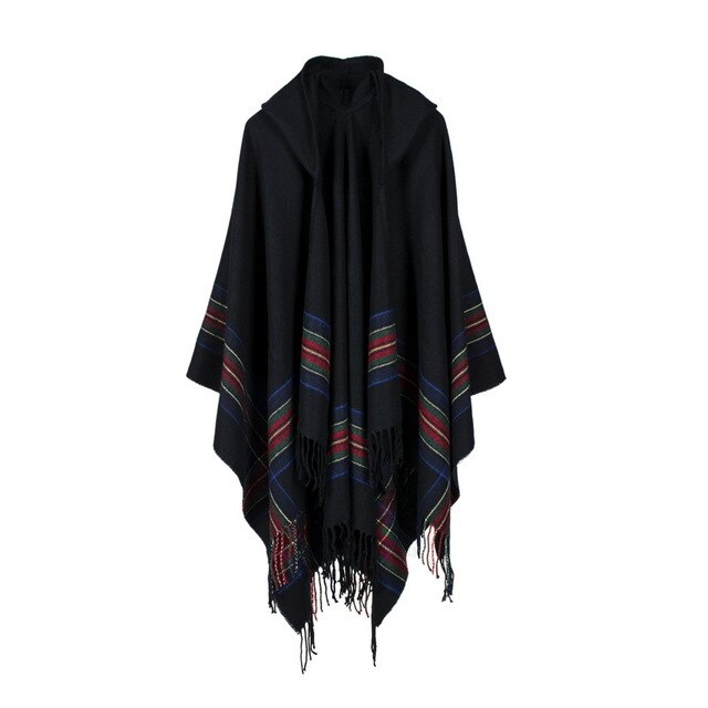 Ashoreshop Spring Beach Poncho Fringed Stripe Jacquard Knit hooded cloak Indoor and Outdoor