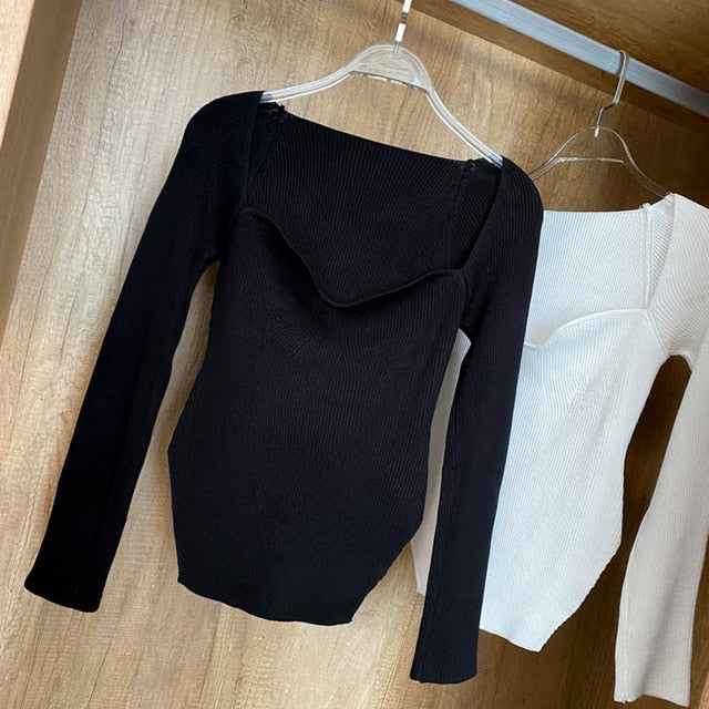 Square Collar Long Sleeve Woman Sweaters Knitted Pullover