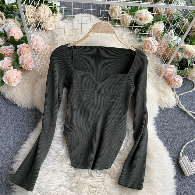 Square Collar Long Sleeve Woman Sweaters Knitted Pullover