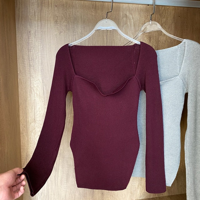 Square Collar Long Sleeve Woman Sweaters Knitted Pullover