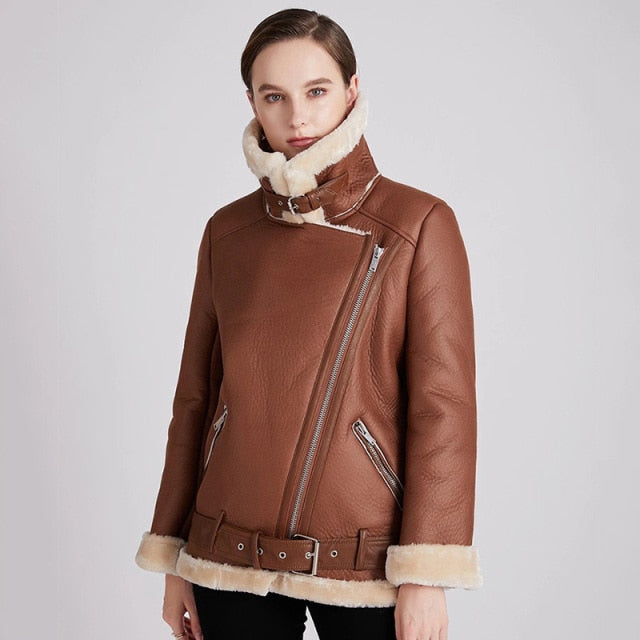 Ashore Shop Womens Sheepskin Motorcycle Winter Faux Leather Jacket