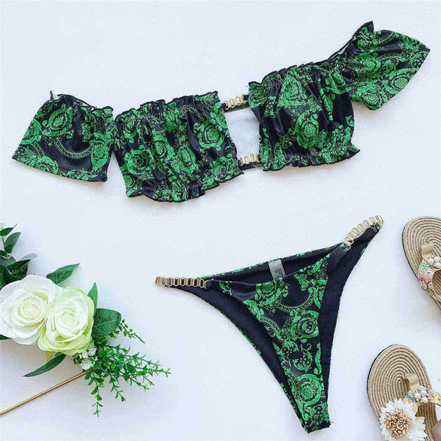 Ashoreshop Sneak PatternOff Shoulder Bikini Women Swimwear Female Swimsuit Two-pieces Bikini set