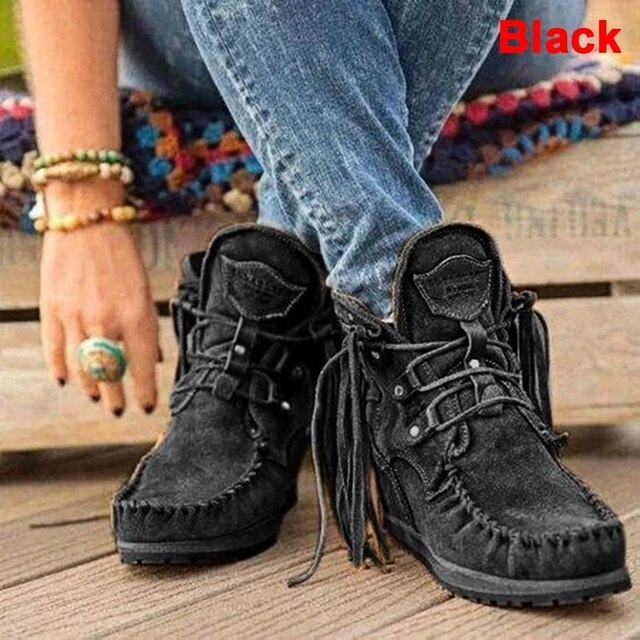 Women Western Ankle Boots Ladies Suede Shoes Tassel Boots