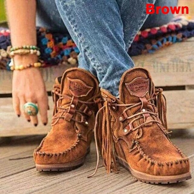 Women Western Ankle Boots Ladies Suede Shoes Tassel Boots