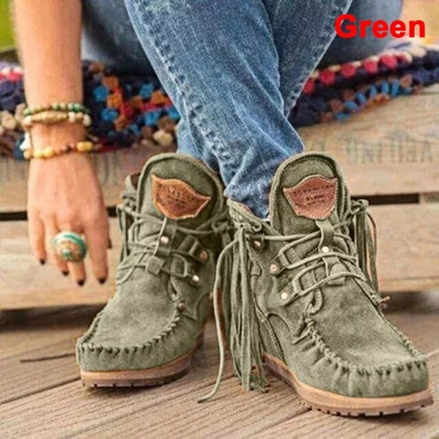 Women Western Ankle Boots Ladies Suede Shoes Tassel Boots