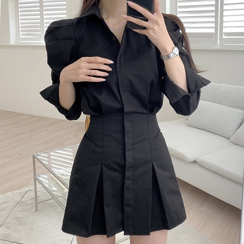 Turn Down Collar Long Sleeve Dress Women High Waist Hip A Line Draped Vestidos Spring 2022 New Solid Robe Slim