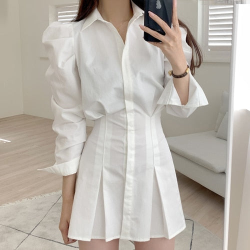 Turn Down Collar Long Sleeve Dress Women High Waist Hip A Line Draped Vestidos Spring 2022 New Solid Robe Slim